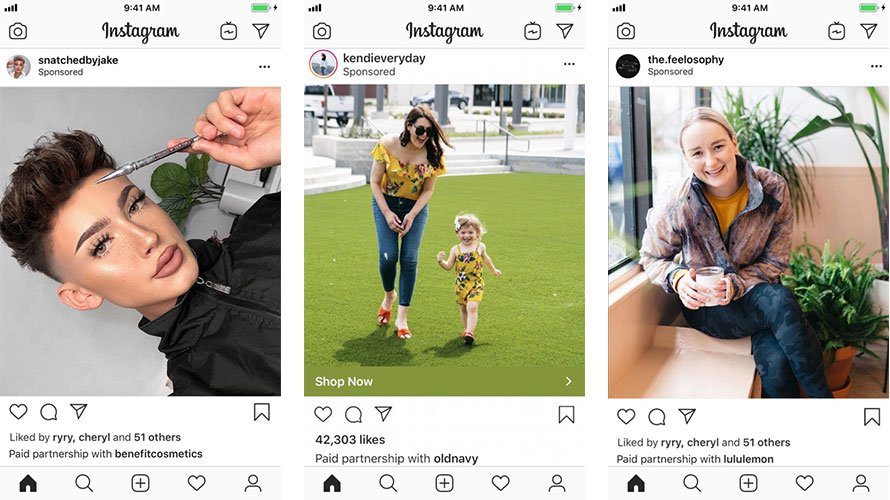 Screenshots of examples of sponsored posts on Instagram.